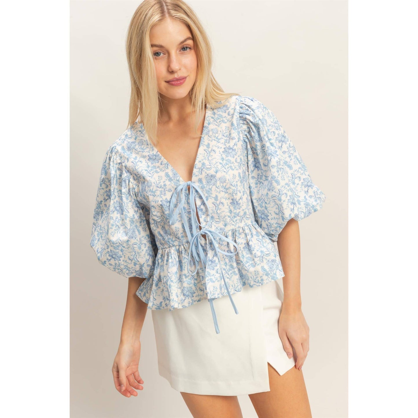Blue Floral Tie-Front Peplum Top