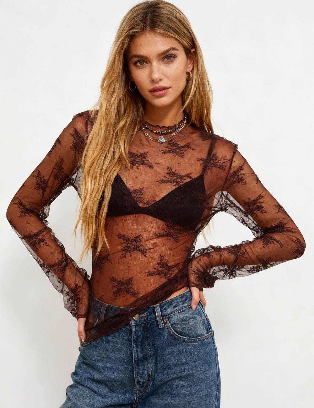 Lux Layering Floral Lace See Through Mesh Top Blouse SKT151: Black / L