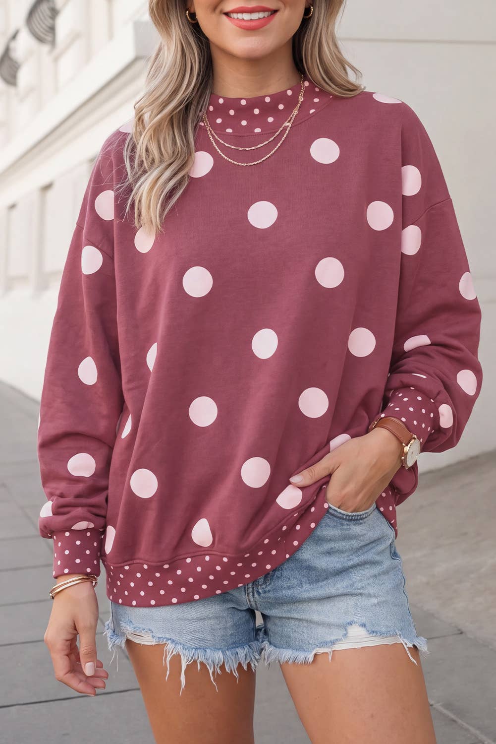 Polka Dot Print Mockneck Oversized Pullover | S-XL