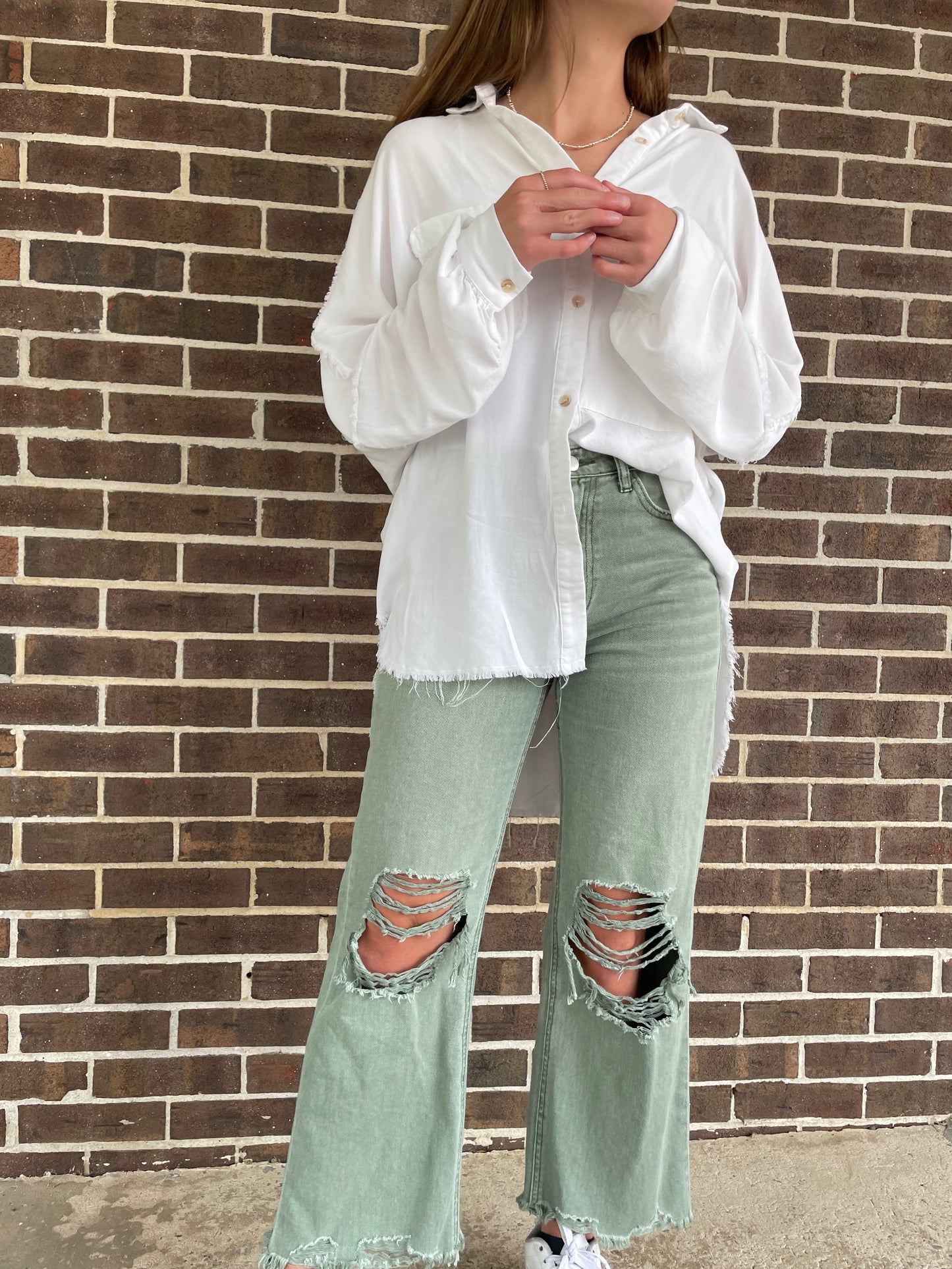 Olive Green Wide Leg Distressed Jeans