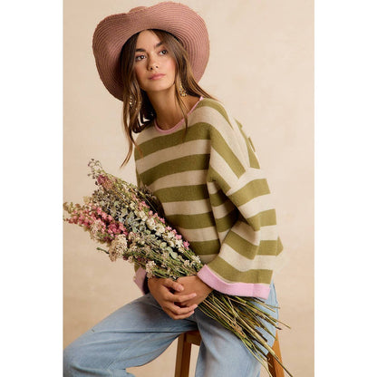 STRIPE CONTRAST BINDING AND REVERSIBLE SWEATER