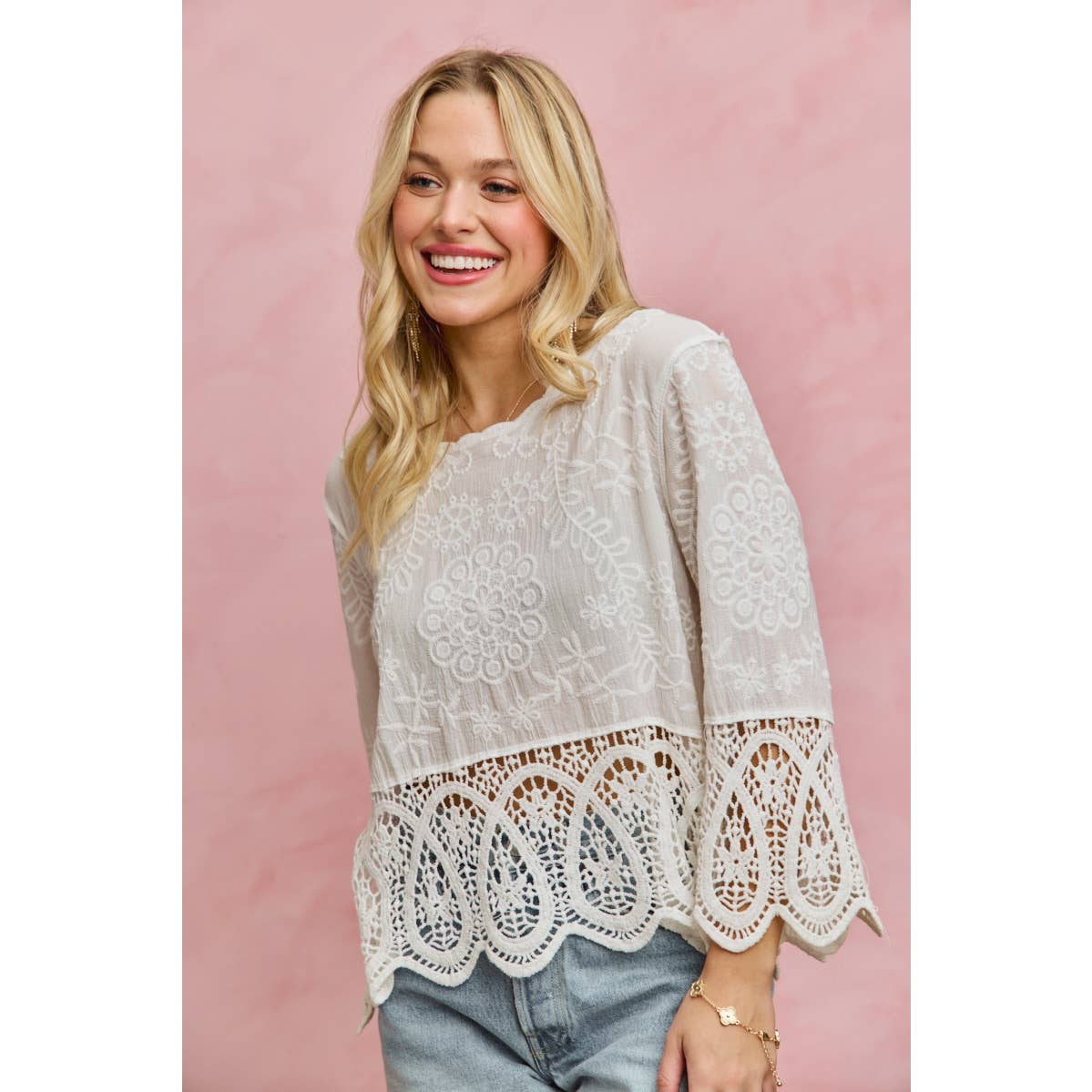 FLORAL EMBROIDERED CROCHET LACE TRIMMED TOP