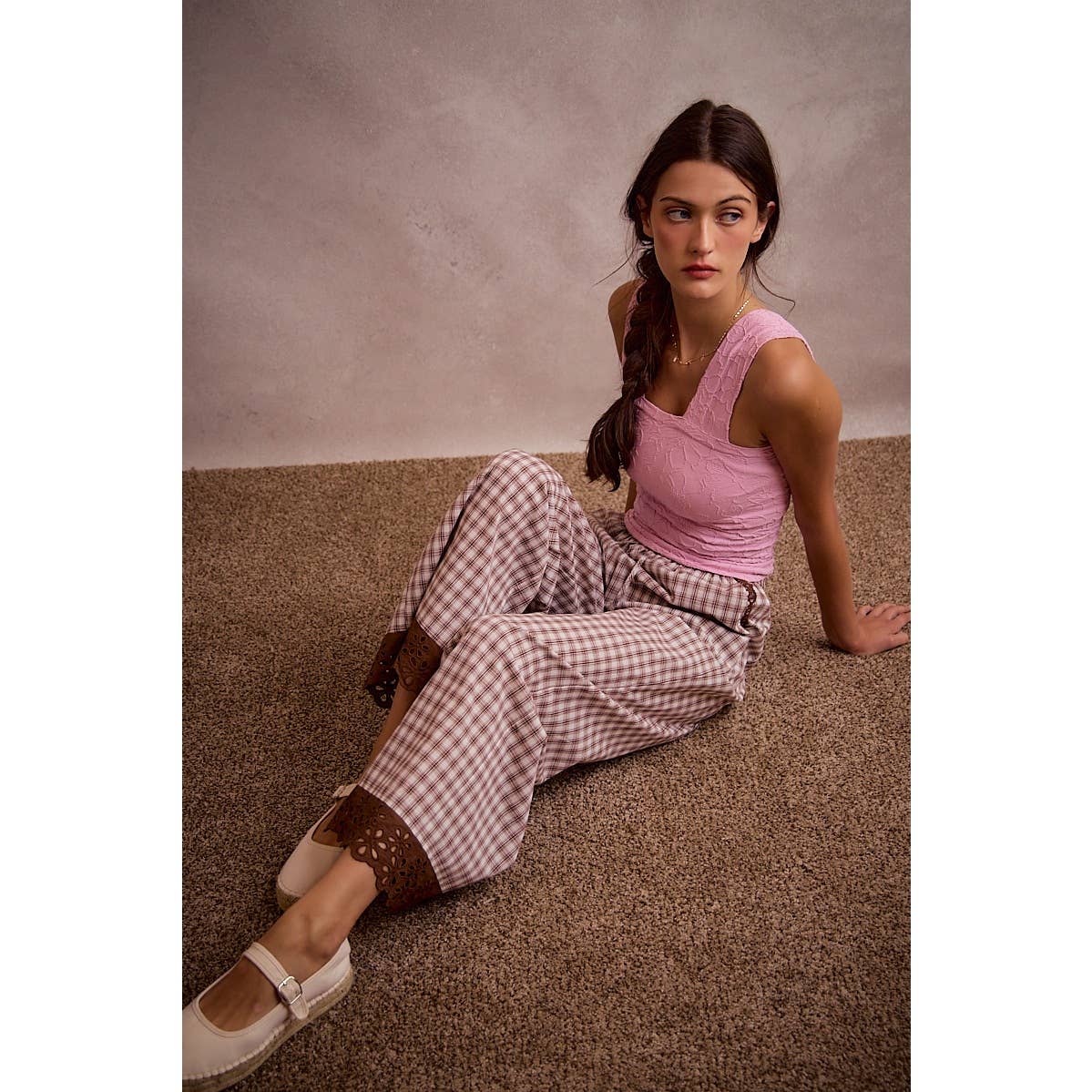 COTTON PLAID CHECK WIDE LEG PULL ON PANTS WITH LACE TRIM