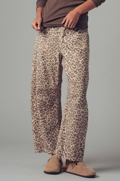 Leopard Print Stitch Detail Barrel Jeans