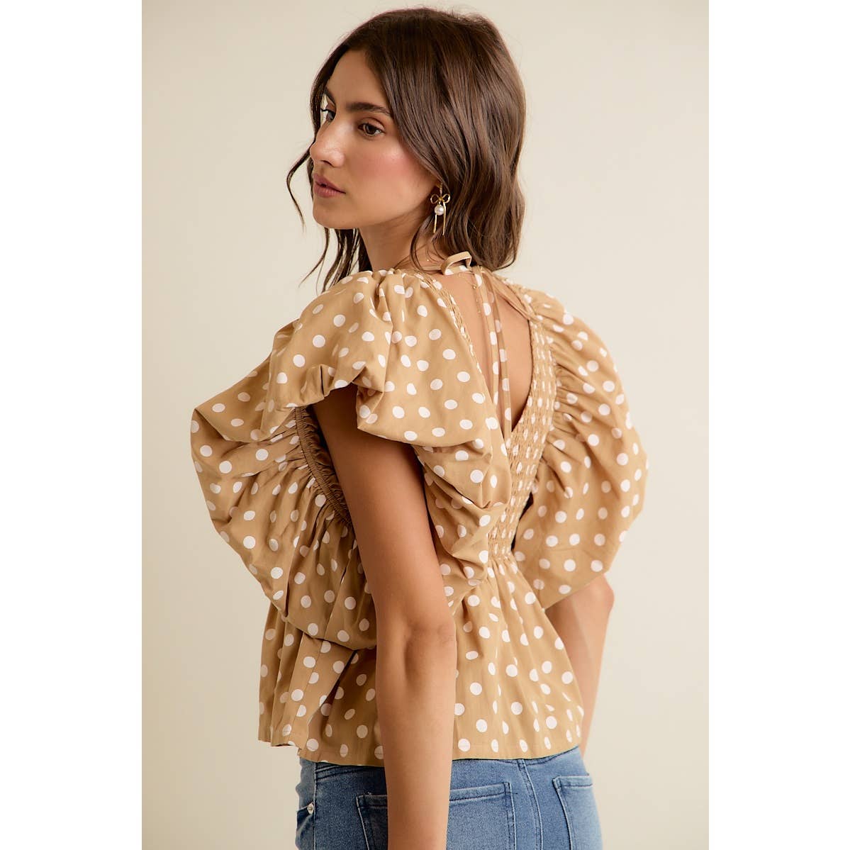 POLKA DOT BUBBLE SLEEVES BACK SMOCKED LINED BLOUSE TOP