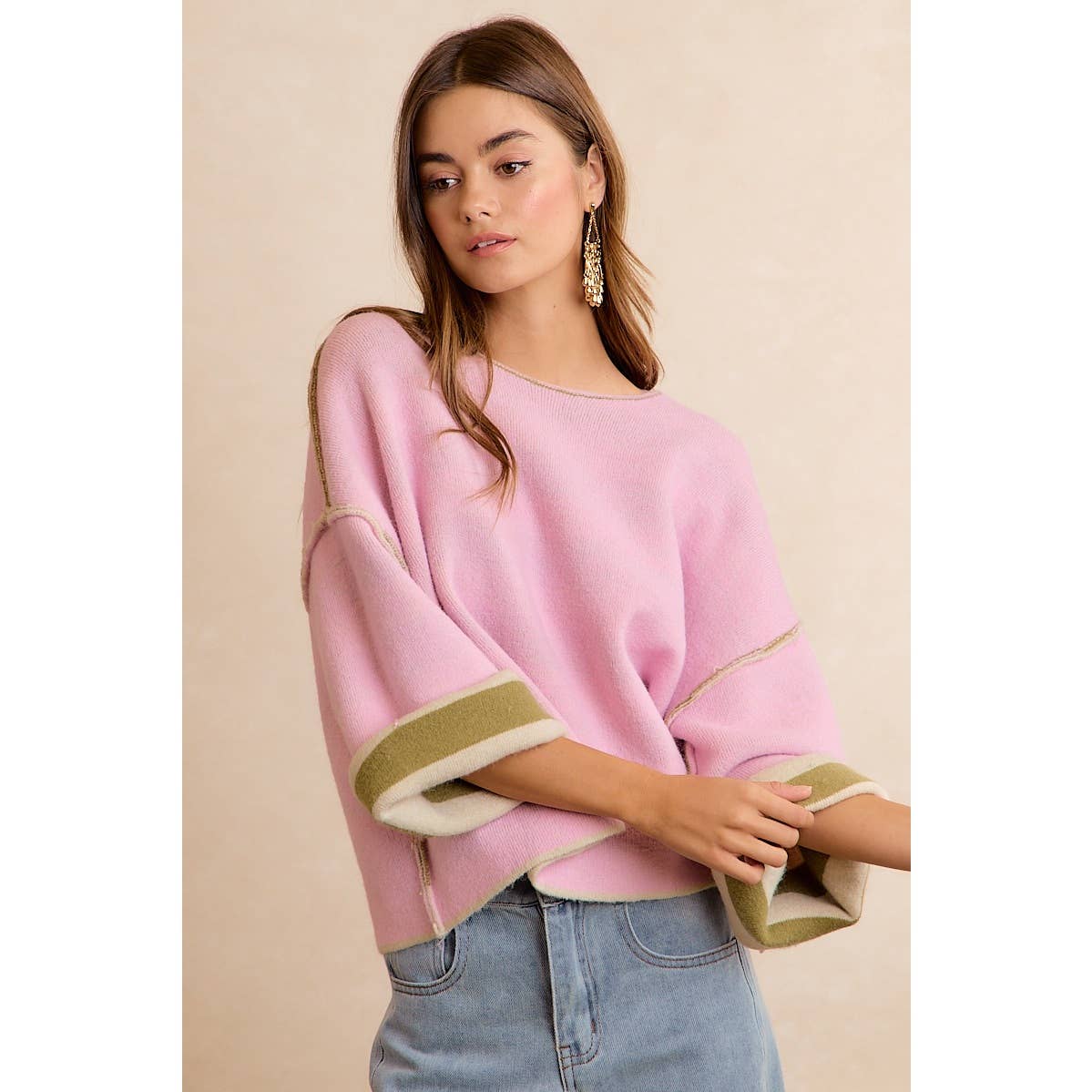 STRIPE CONTRAST BINDING AND REVERSIBLE SWEATER