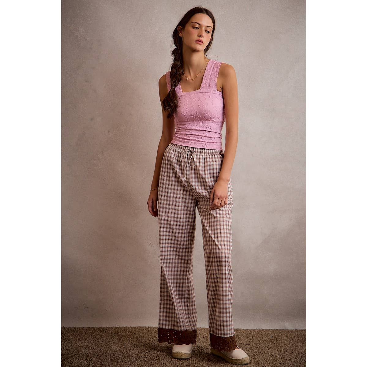 COTTON PLAID CHECK WIDE LEG PULL ON PANTS WITH LACE TRIM