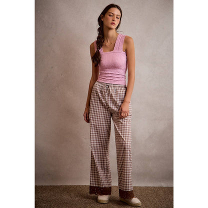 COTTON PLAID CHECK WIDE LEG PULL ON PANTS WITH LACE TRIM