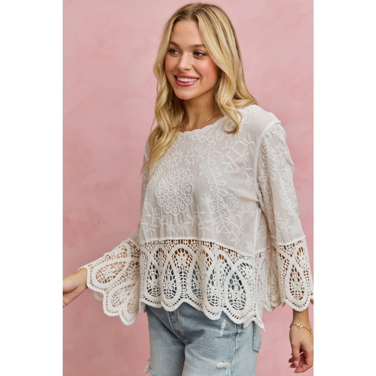 FLORAL EMBROIDERED CROCHET LACE TRIMMED TOP