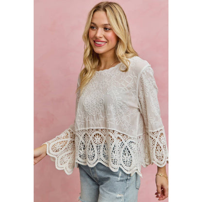 FLORAL EMBROIDERED CROCHET LACE TRIMMED TOP