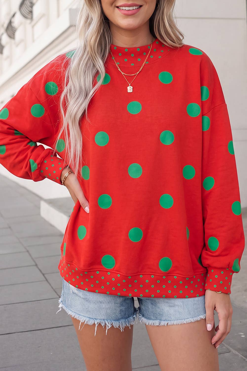 Polka Dot Print Mockneck Oversized Pullover | S-XL