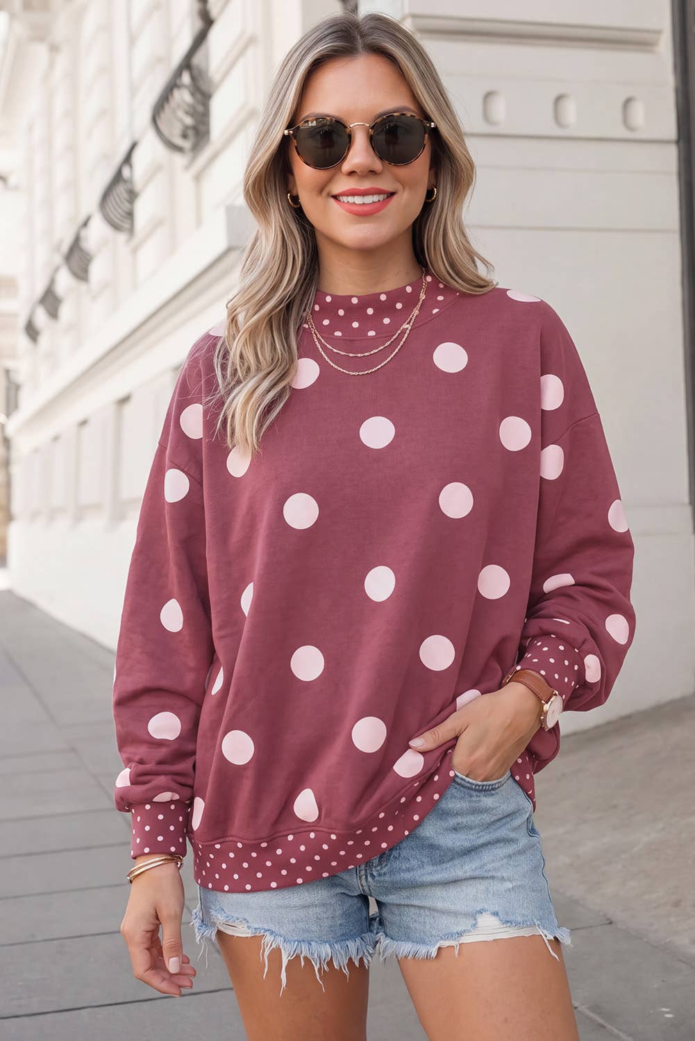 Polka Dot Print Mockneck Oversized Pullover | S-XL