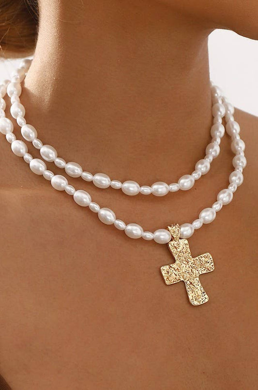 PEARL BEADED LAYERED CROSS NECKLACE