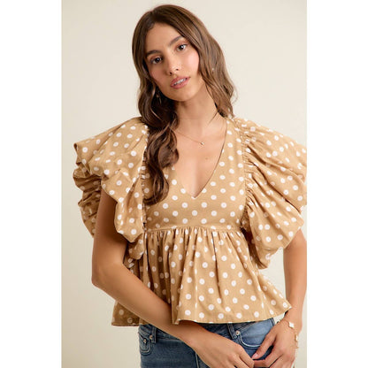 POLKA DOT BUBBLE SLEEVES BACK SMOCKED LINED BLOUSE TOP