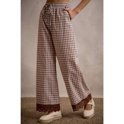 COTTON PLAID CHECK WIDE LEG PULL ON PANTS WITH LACE TRIM
