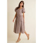 GINGHAM LACE TRIM PUFF SLEEVES LINED MIDI DRESS