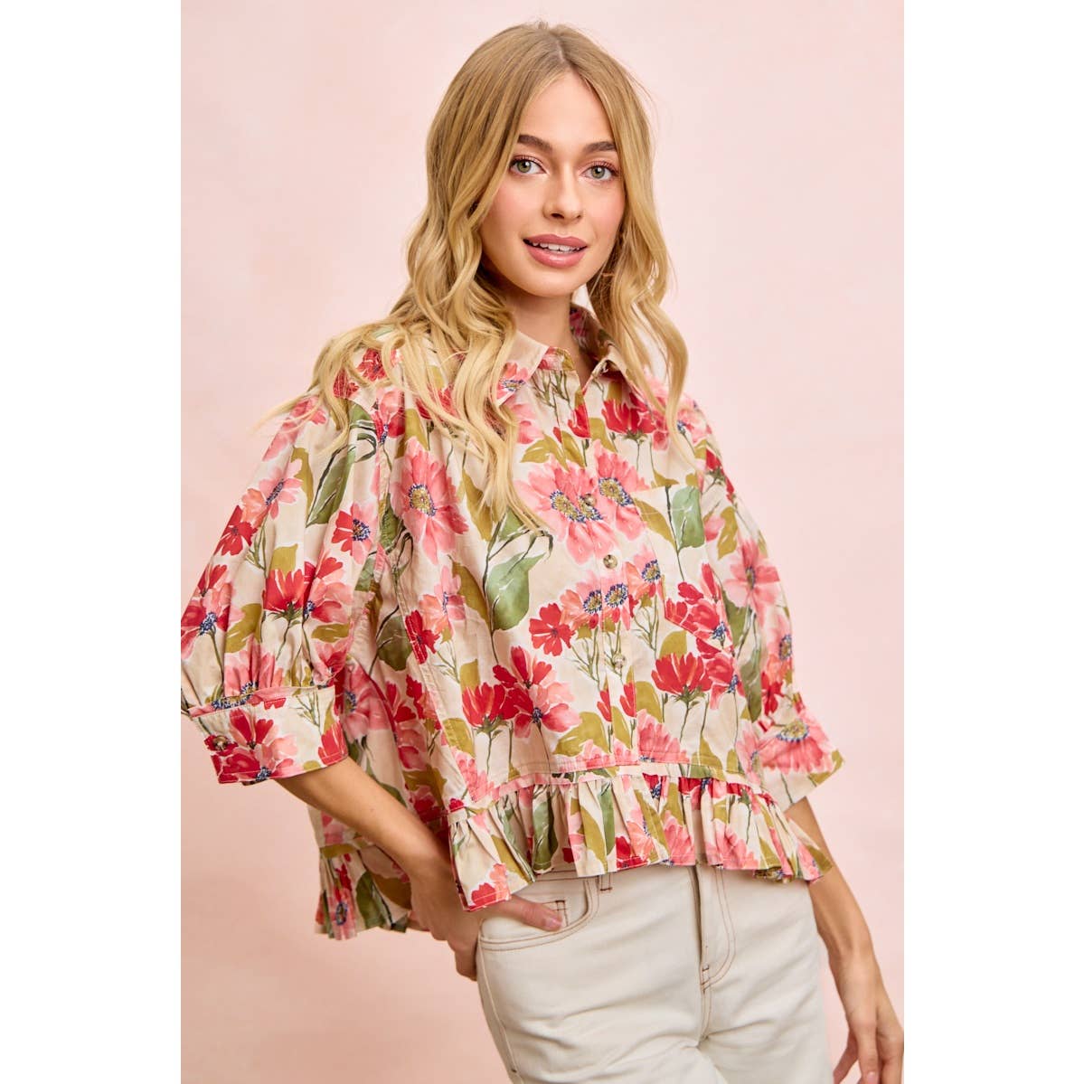 FLORAL PRINT RUFFLED HEM QUARTER SLEEVES SHIRT TOP