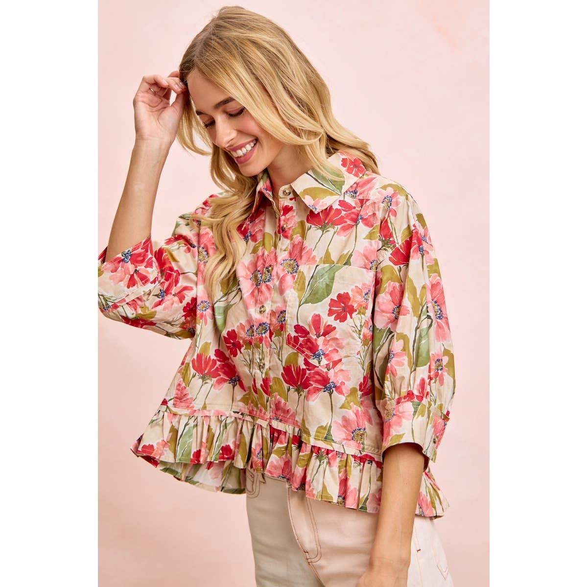 FLORAL PRINT RUFFLED HEM QUARTER SLEEVES SHIRT TOP
