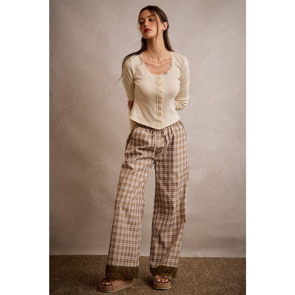 PLAID CHECK WIDE LEG PANTS