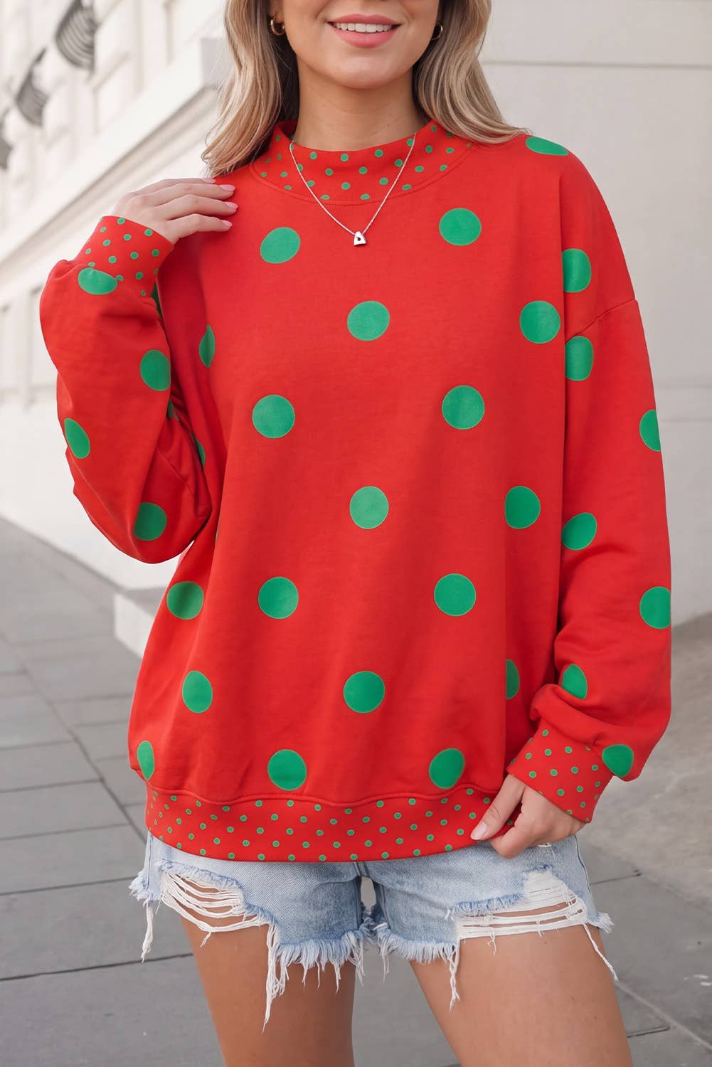 Polka Dot Print Mockneck Oversized Pullover | S-XL