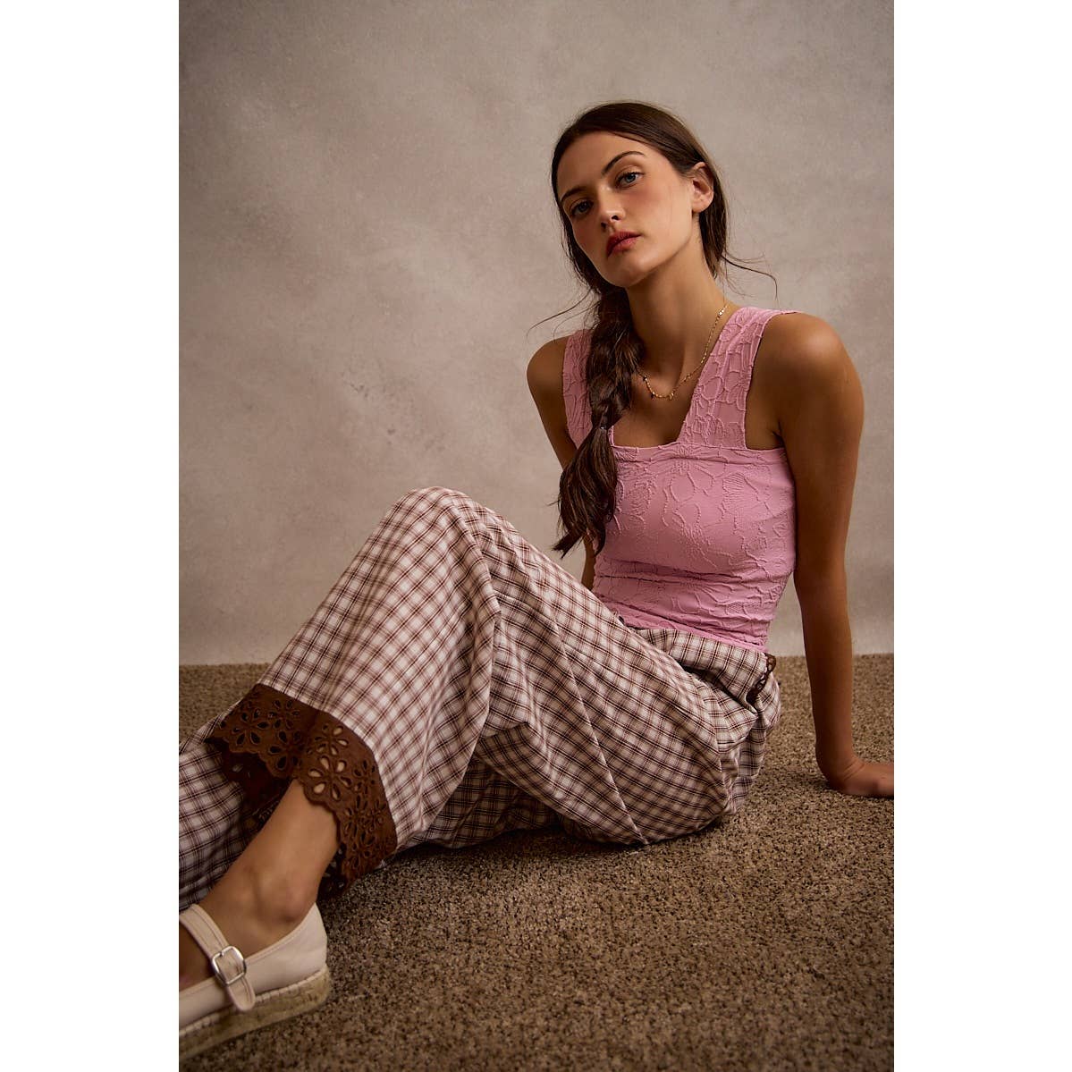 COTTON PLAID CHECK WIDE LEG PULL ON PANTS WITH LACE TRIM