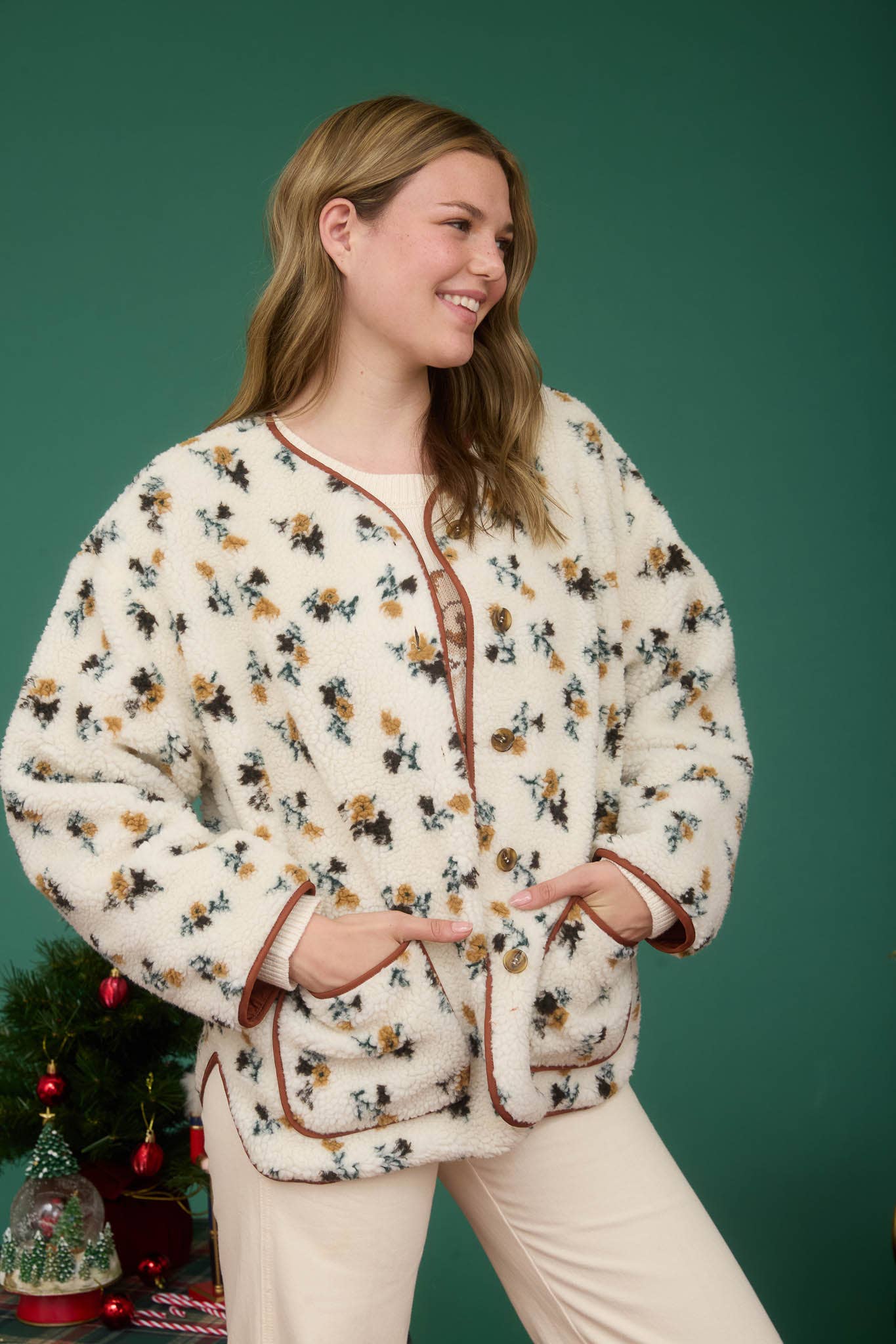 Floral Print Sherpa Jacket