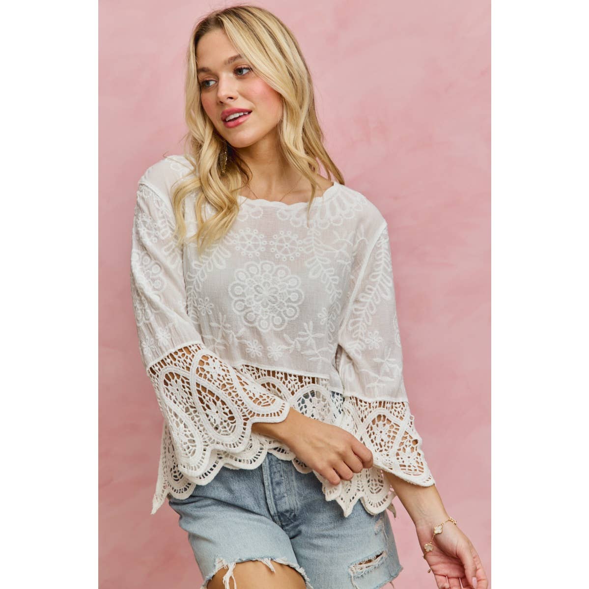 FLORAL EMBROIDERED CROCHET LACE TRIMMED TOP