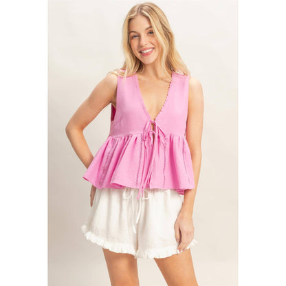 Lace Trim Tie Front Top: SAGE / S-M-L(2-2-2)