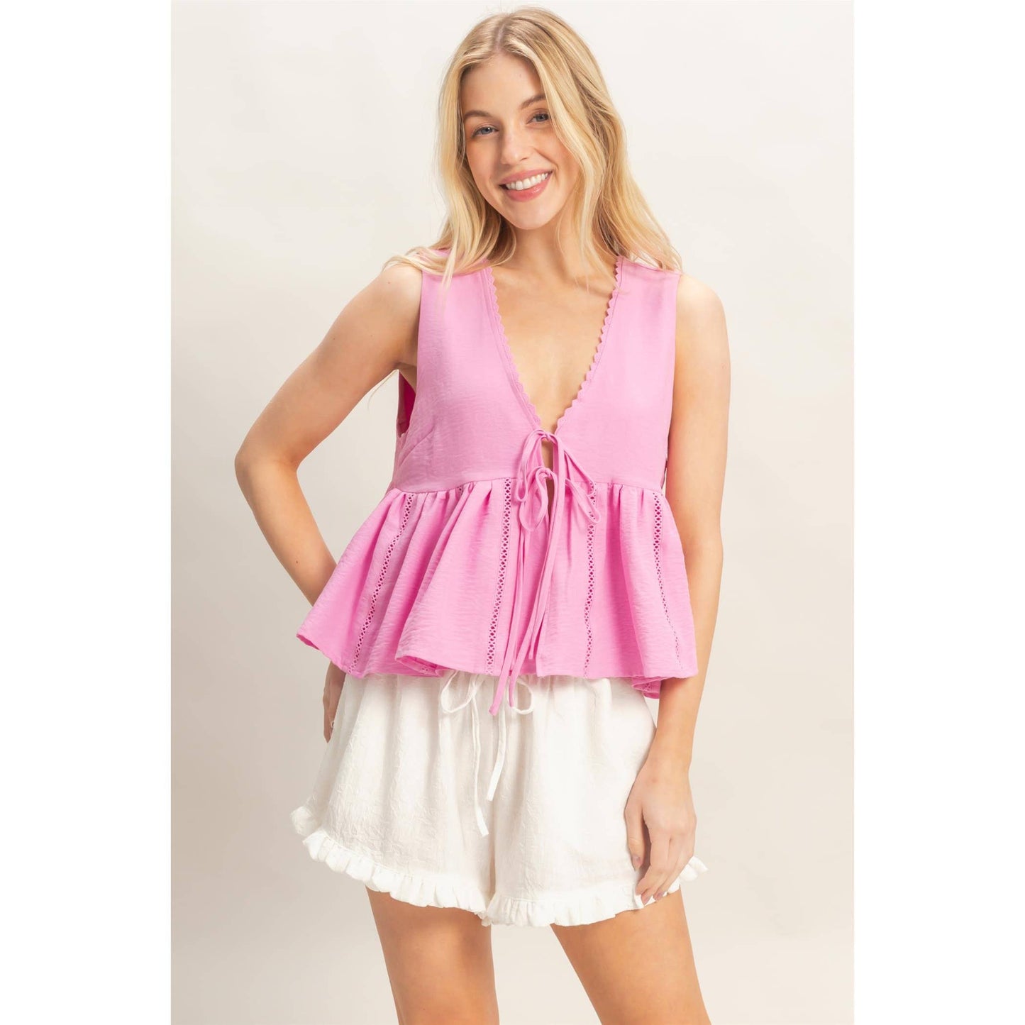 Lace Trim Tie Front Top: OFF WHITE / S-M-L(2-2-2)