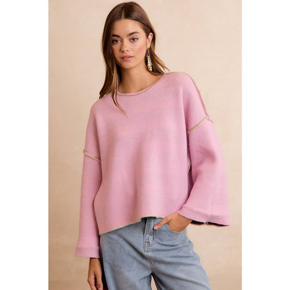 STRIPE CONTRAST BINDING AND REVERSIBLE SWEATER