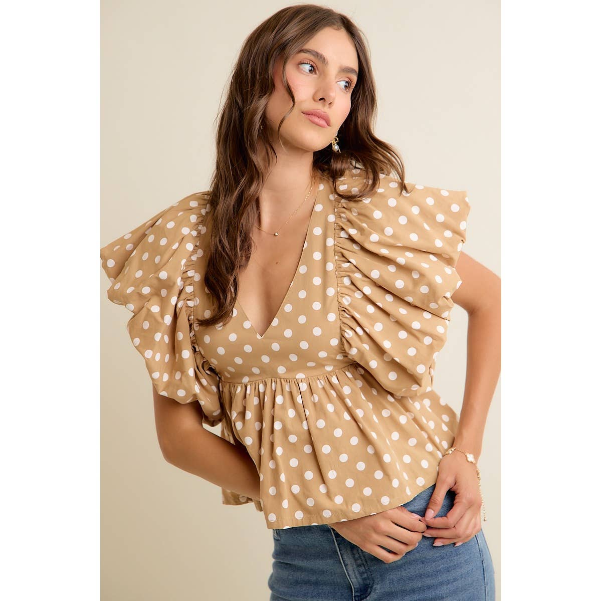 POLKA DOT BUBBLE SLEEVES BACK SMOCKED LINED BLOUSE TOP