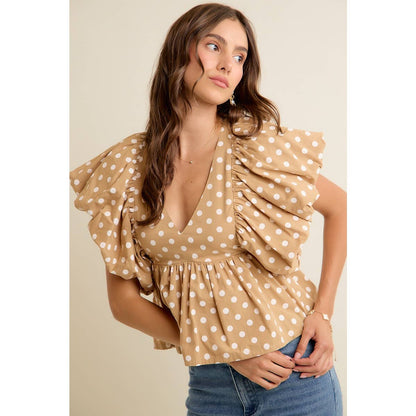 POLKA DOT BUBBLE SLEEVES BACK SMOCKED LINED BLOUSE TOP