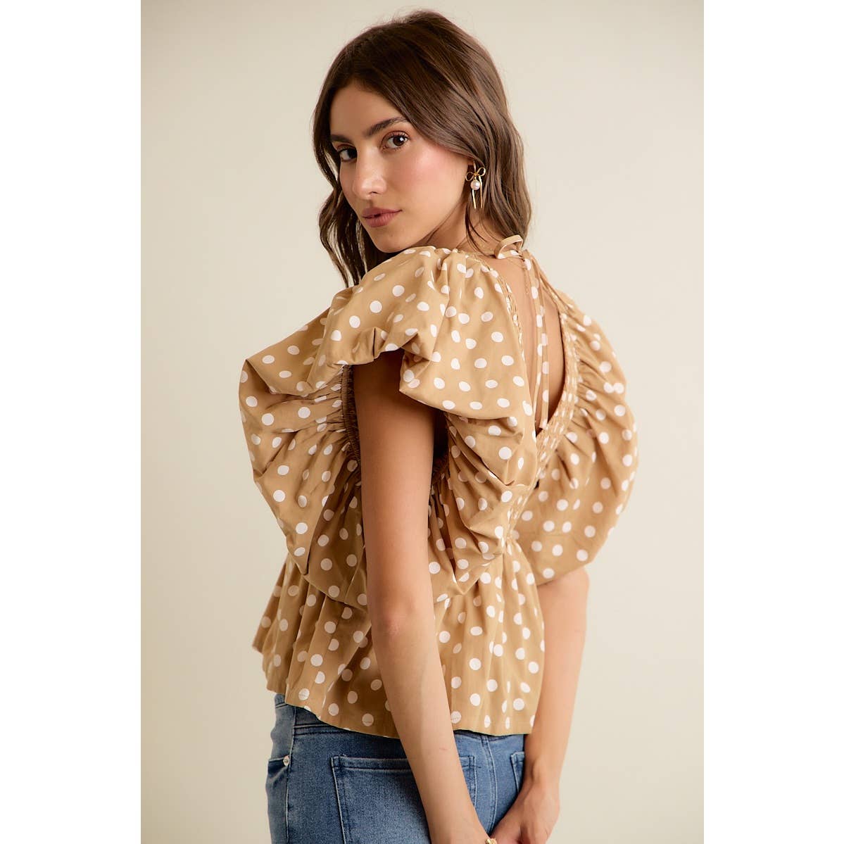 POLKA DOT BUBBLE SLEEVES BACK SMOCKED LINED BLOUSE TOP