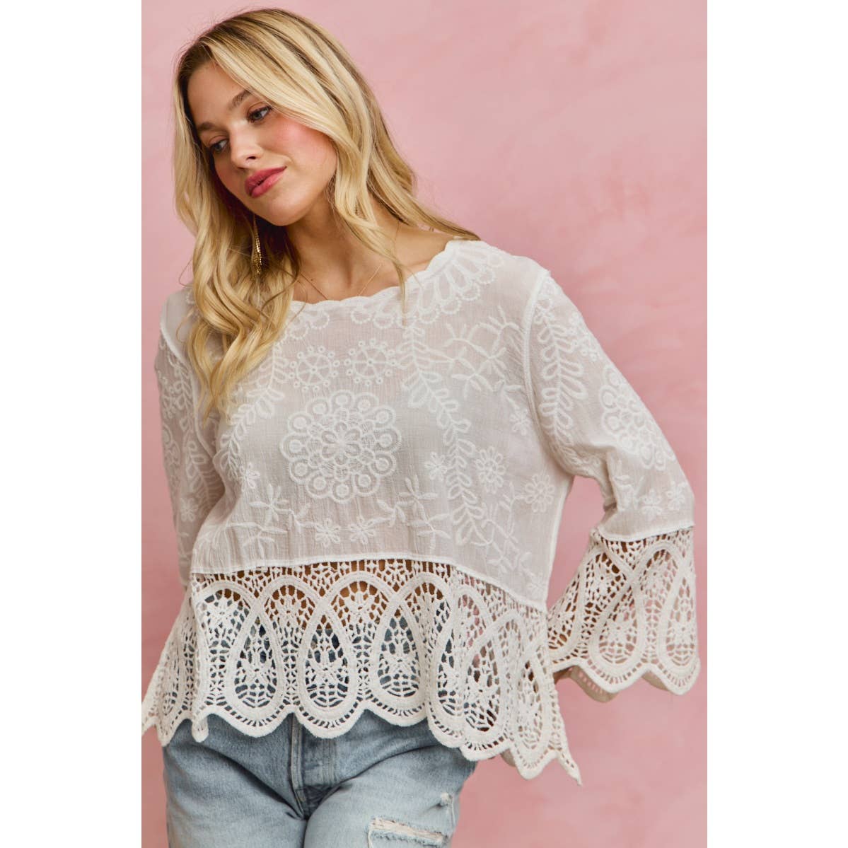 FLORAL EMBROIDERED CROCHET LACE TRIMMED TOP