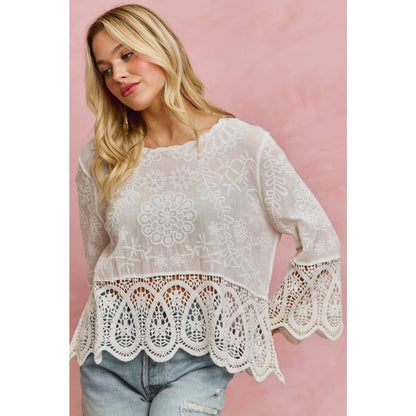 FLORAL EMBROIDERED CROCHET LACE TRIMMED TOP