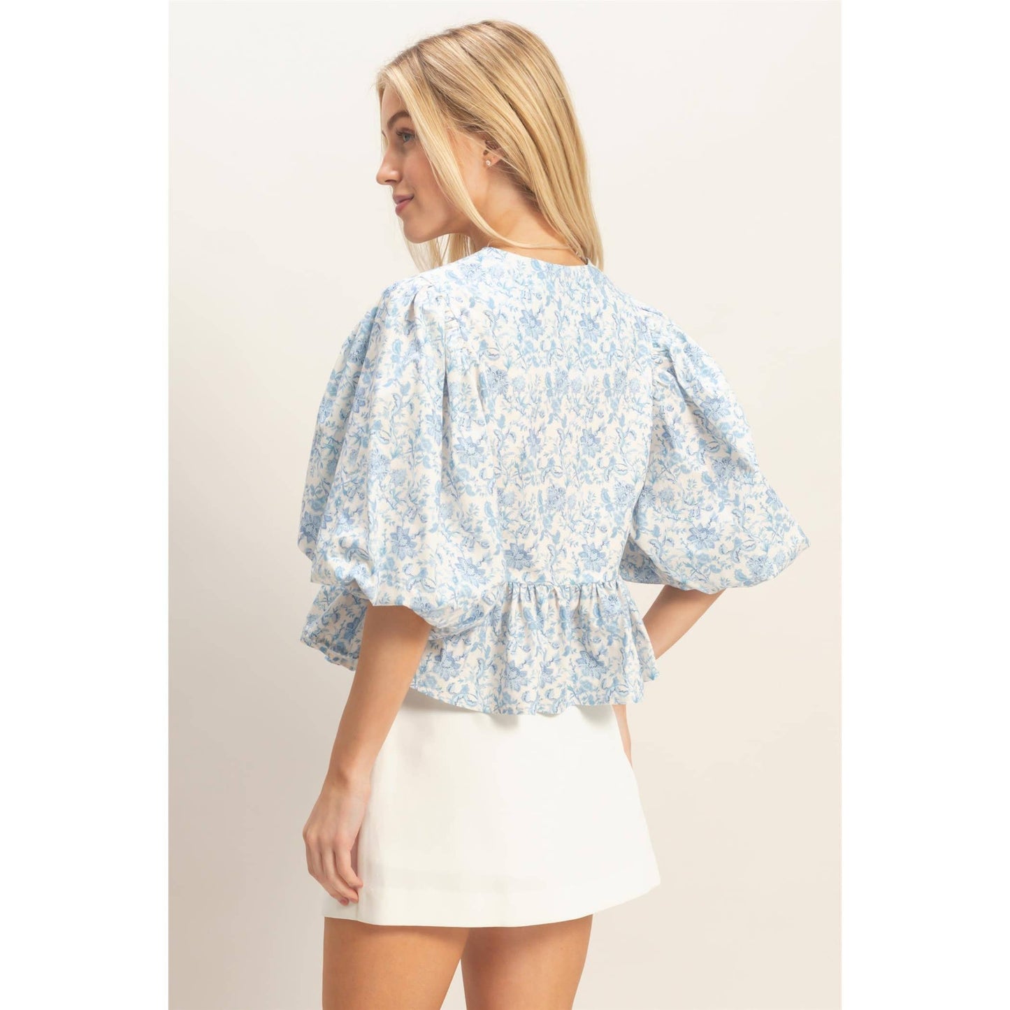 Blue Floral Tie-Front Peplum Top