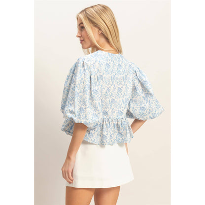 Blue Floral Tie-Front Peplum Top