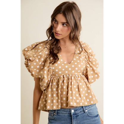POLKA DOT BUBBLE SLEEVES BACK SMOCKED LINED BLOUSE TOP