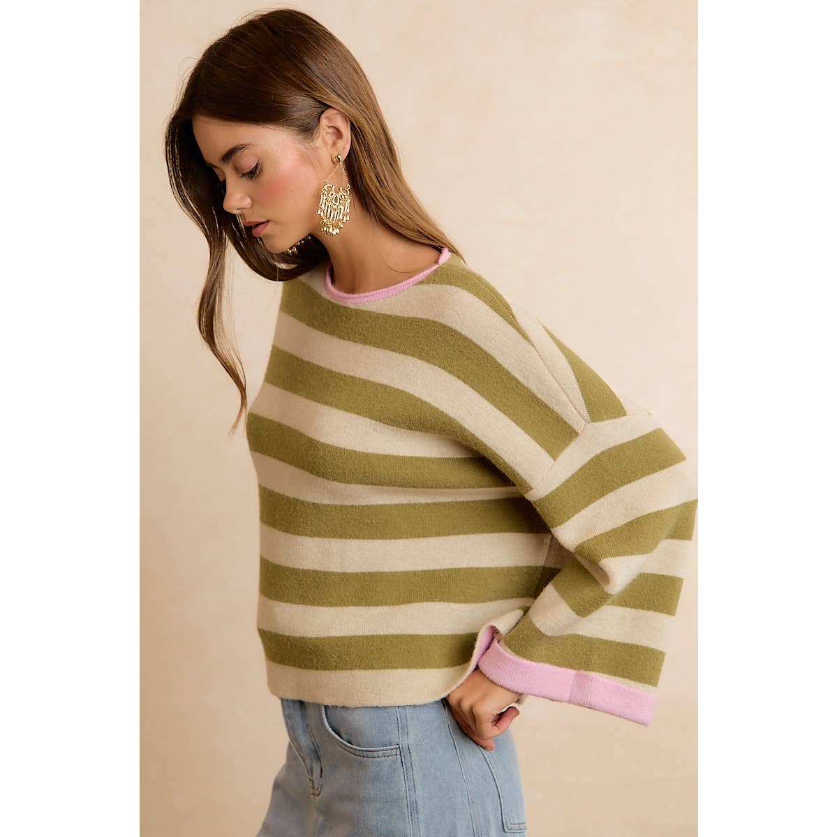 STRIPE CONTRAST BINDING AND REVERSIBLE SWEATER