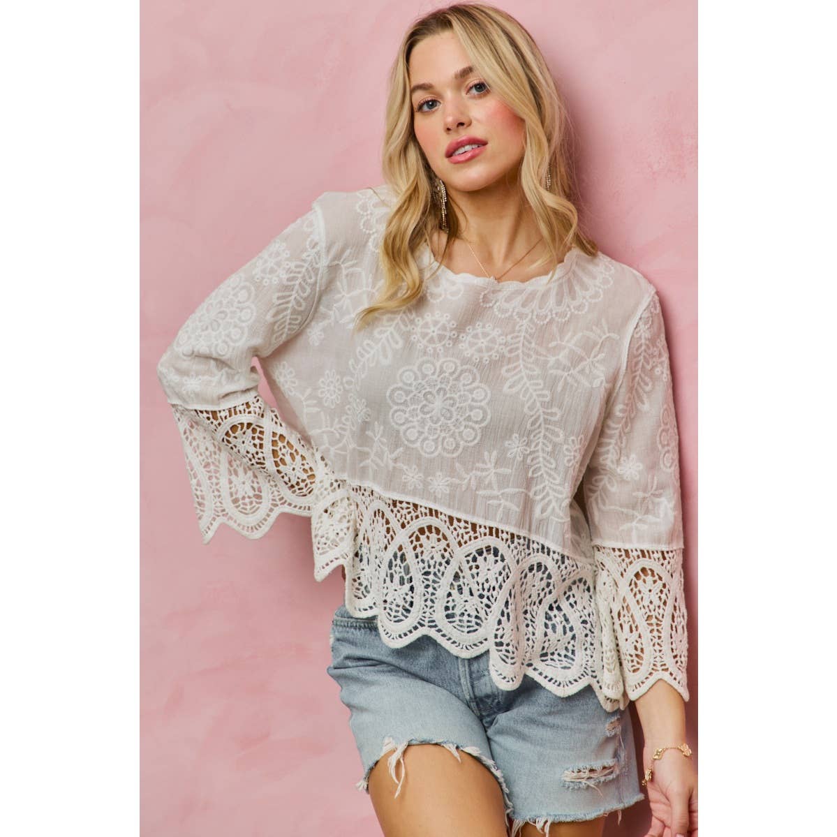 FLORAL EMBROIDERED CROCHET LACE TRIMMED TOP