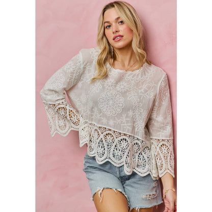FLORAL EMBROIDERED CROCHET LACE TRIMMED TOP
