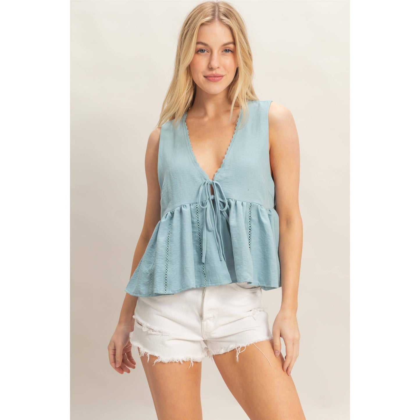 Lace Trim Tie Front Top: OFF WHITE / S-M-L(2-2-2)