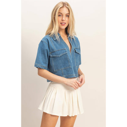 Denim V-Neck Cropped Top