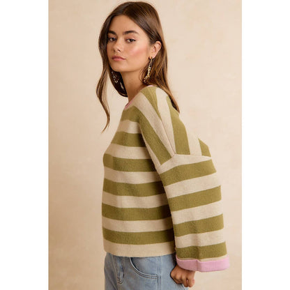 STRIPE CONTRAST BINDING AND REVERSIBLE SWEATER