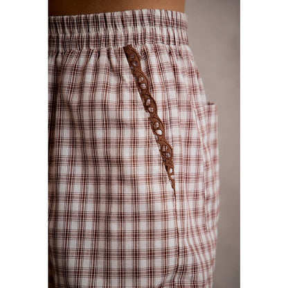 COTTON PLAID CHECK WIDE LEG PULL ON PANTS WITH LACE TRIM