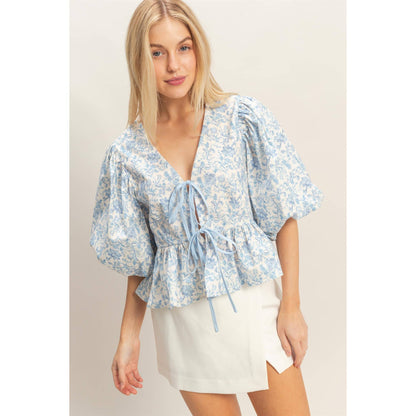 Blue Floral Tie-Front Peplum Top