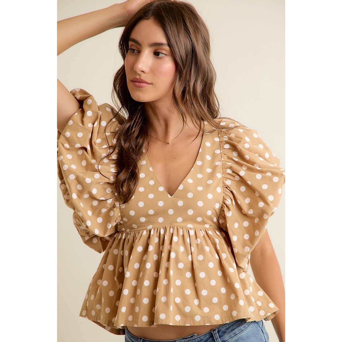 POLKA DOT BUBBLE SLEEVES BACK SMOCKED LINED BLOUSE TOP