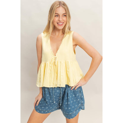 Lace Trim Tie Front Top: SAGE / S-M-L(2-2-2)