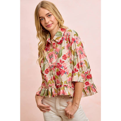 FLORAL PRINT RUFFLED HEM QUARTER SLEEVES SHIRT TOP