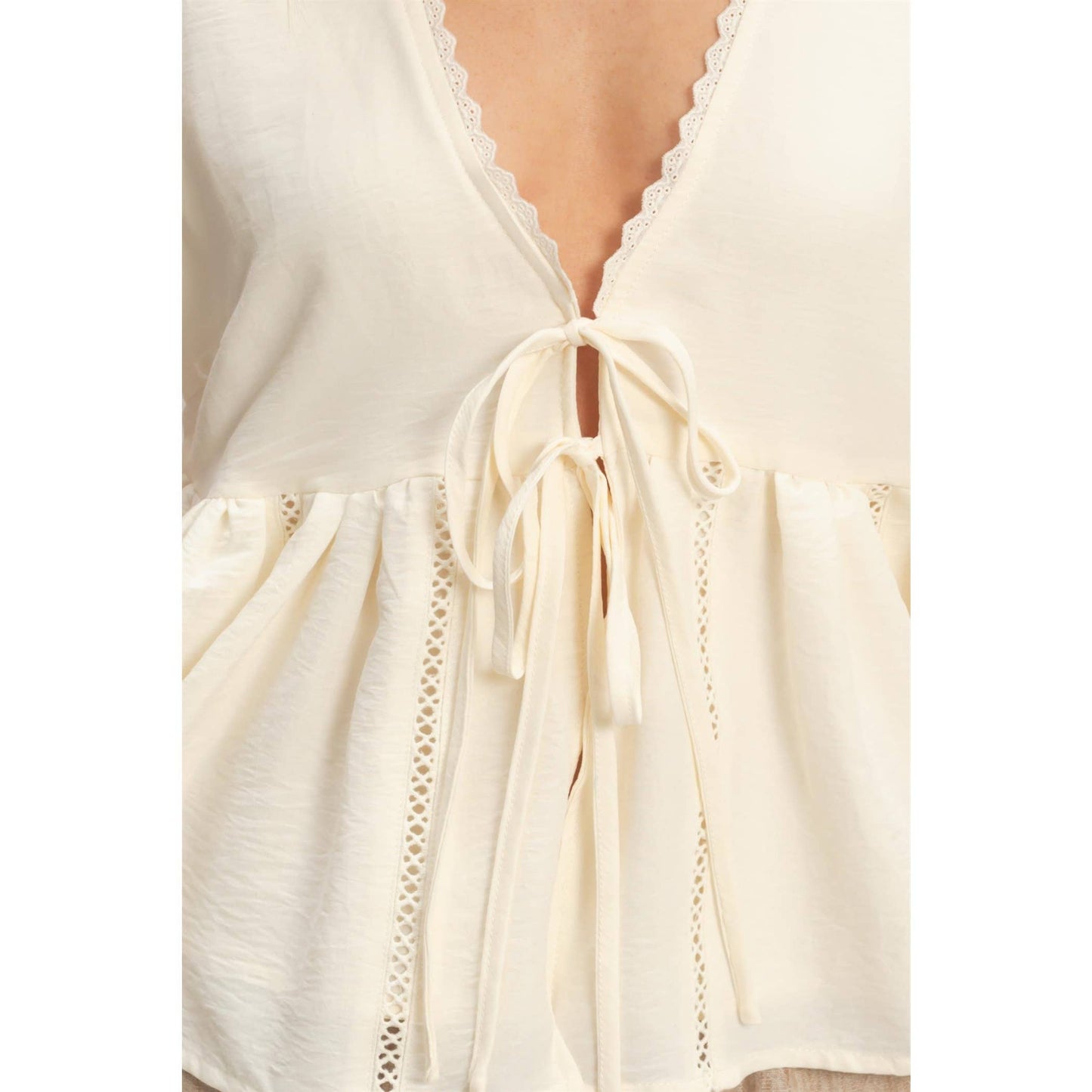 Lace Trim Tie Front Top: OFF WHITE / S-M-L(2-2-2)